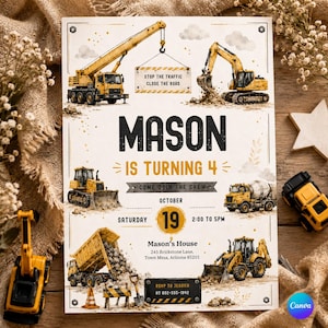 May include: A construction-themed birthday invitation with yellow construction vehicles, including a crane, excavator, and dump truck. The invitation reads "MASON IS TURNING 4" and includes event details. The design features a watercolor style with a light beige background.