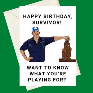 Personalisierbare Survivor Jeff Probst Catchphrases A5 Geburtstags-Grußkarte, perfektes Geschenk für Fans der Hit-Reality-TV-Show.