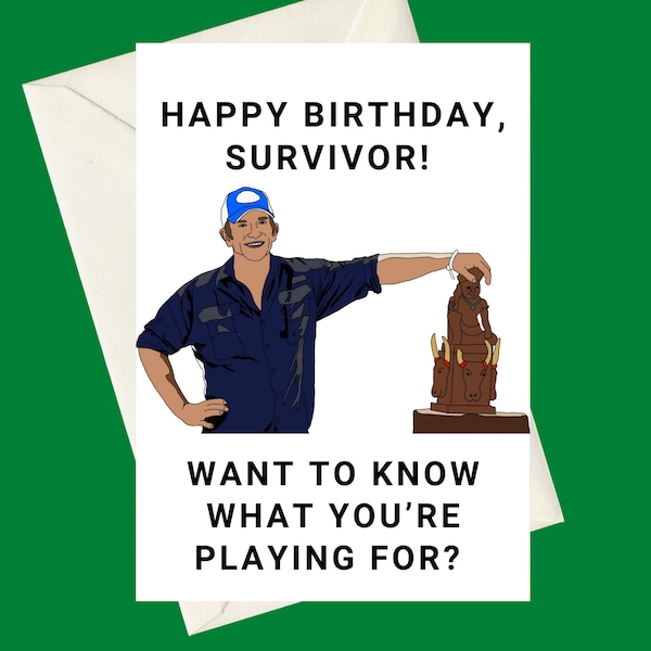 Aanpasbare Survivor Jeff Probst Catchphrases A5 Verjaardag Wenskaart, Perfect cadeau voor fans van de hit reality TV Show.