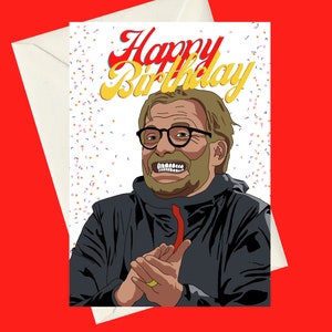 Cartão A5 de aniversário do Liverpool Jurgen Klopp Premier League Manager, perfeito para presentes, ocasiões ou cartão engraçado para fãs de futebol