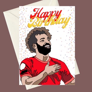 Cartão de aniversário A5 de Mohamed Salah, do Liverpool, perfeito para presentes, ocasiões especiais ou cartão engraçado para fãs de futebol