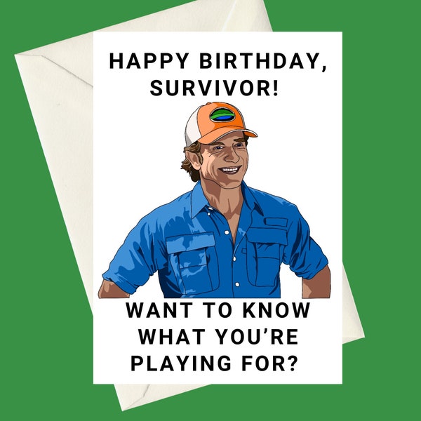 Aanpasbare Survivor Jeff Probst Nieuw voor 2023 Catchphrases A5 Verjaardagswenskaart, perfect cadeau voor fans van de populaire reality-tv-show.