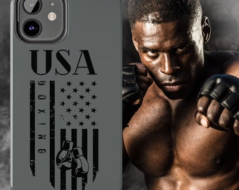 Boxing Phone Case American Flag Phonecase Gift For Boxer Gift Patriotic Blue Gray Tough Cover For MMA Sport Gift, Fits iPhone 11 12 13 14 15