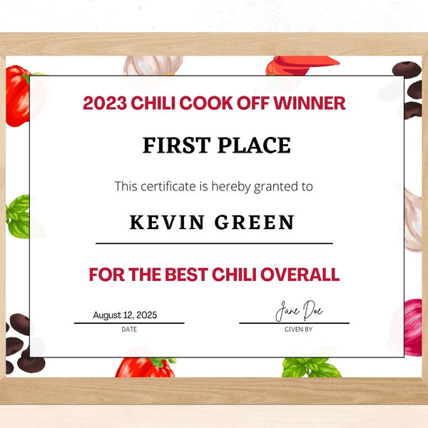 Chili Cookoff Award - Chili Cook Off Certificate, Printable and Personalize, Instant Download, Chili prize winner