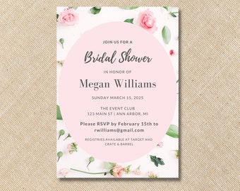 Pink Flower Invite, Pink Flower Invitation, Modern Bridal Shower, Brunch and Bubbly Bridal Shower Invitation