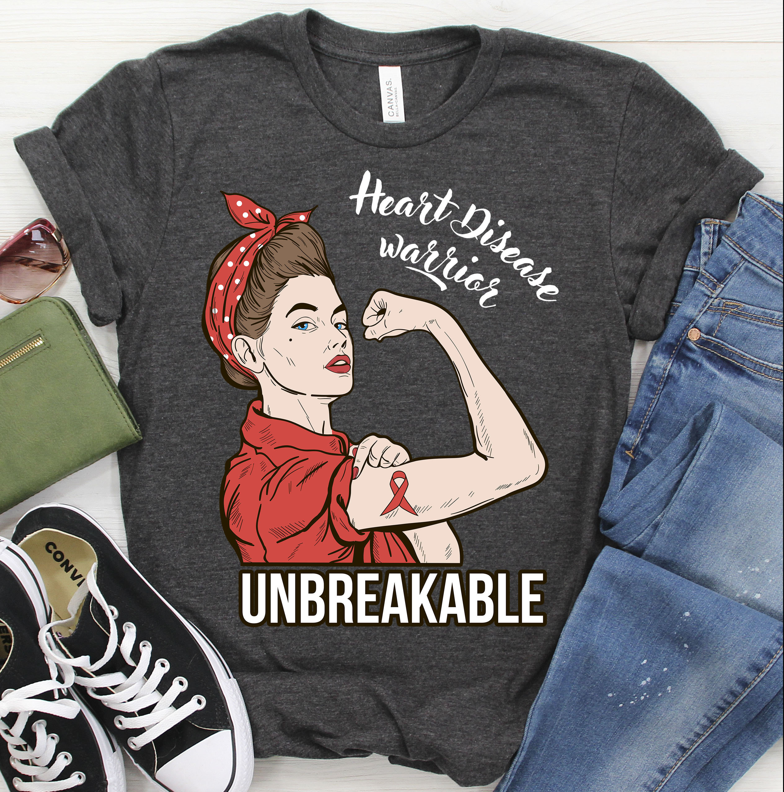Womens Heart Disease Warrior-Unbreakable-Red-Ribbon Shirt Womens Heart Disease Warrior-Unbreakable-Red-Ribbon Shirt
