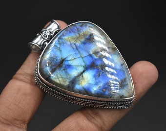 Blue Fire Labradorite Gemstone Handmade 925 Sterling Silver Pendant, Vintage Labradorite Jewelry Pendant Gift For mother's Day Gift