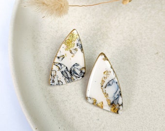 Elegant stud earrings "Lena" graphic marble white and gold