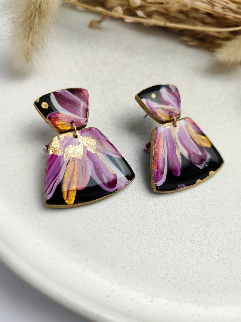 SALE % old price CHF 28.50 Hand-painted hanging earrings Lia floral pattern black-pink-gold image 5