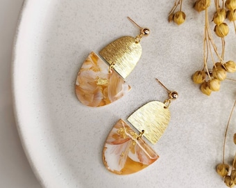 Hand-painted dangling earrings "Cleo" flower pattern beige white gold