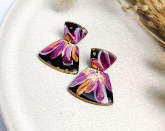 SALE % (old price CHF 28.50) Hand-painted hanging earrings "Lia" floral pattern black-pink-gold