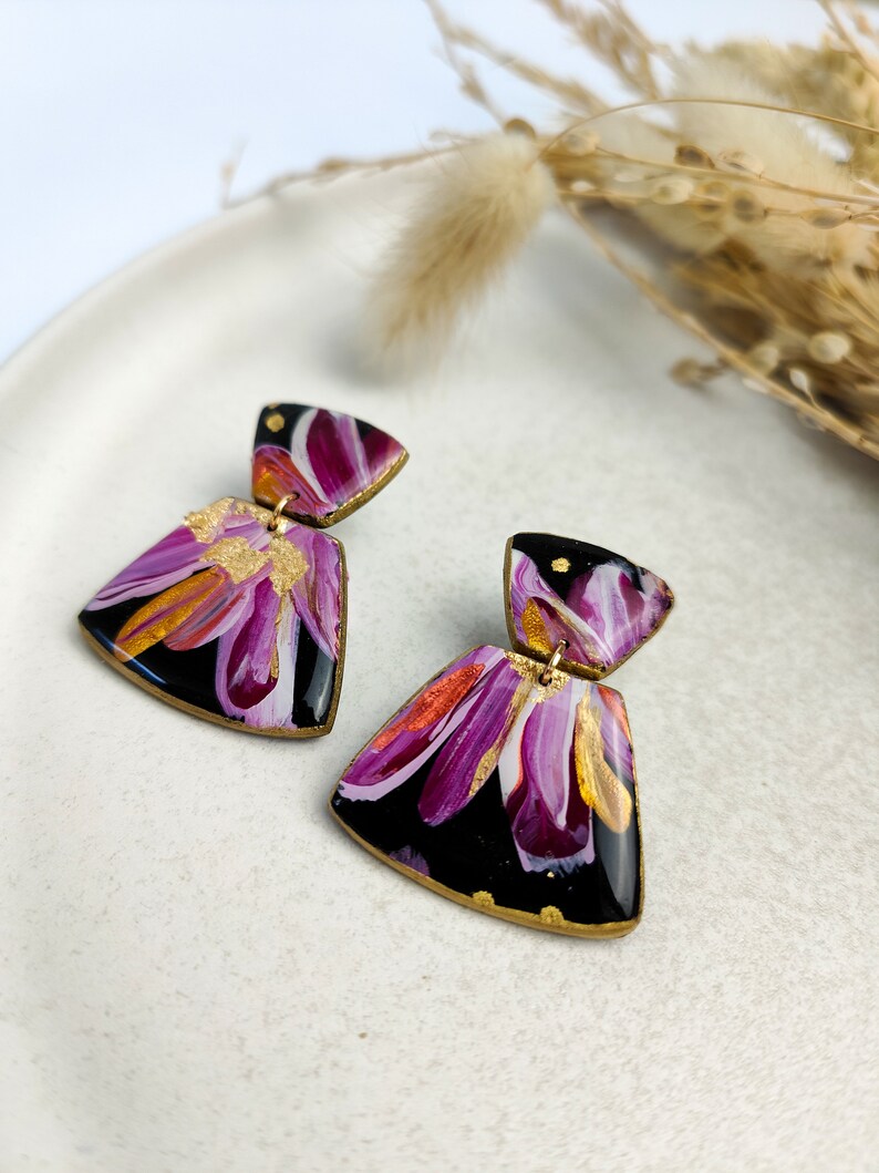 SALE % old price CHF 28.50 Hand-painted hanging earrings Lia floral pattern black-pink-gold image 7