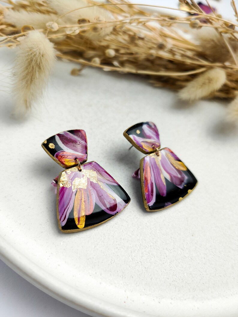 SALE % old price CHF 28.50 Hand-painted hanging earrings Lia floral pattern black-pink-gold image 8