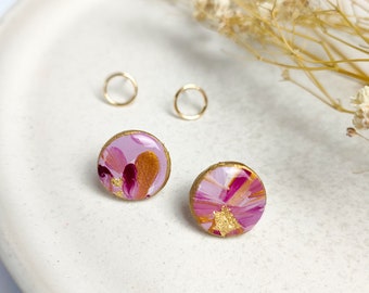 Ear stud set hand-painted floral pattern pink-gold-pink