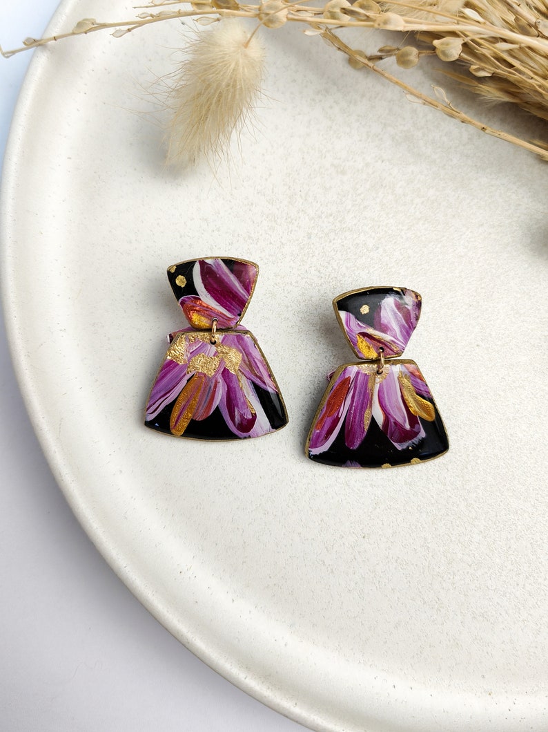 SALE % old price CHF 28.50 Hand-painted hanging earrings Lia floral pattern black-pink-gold image 6