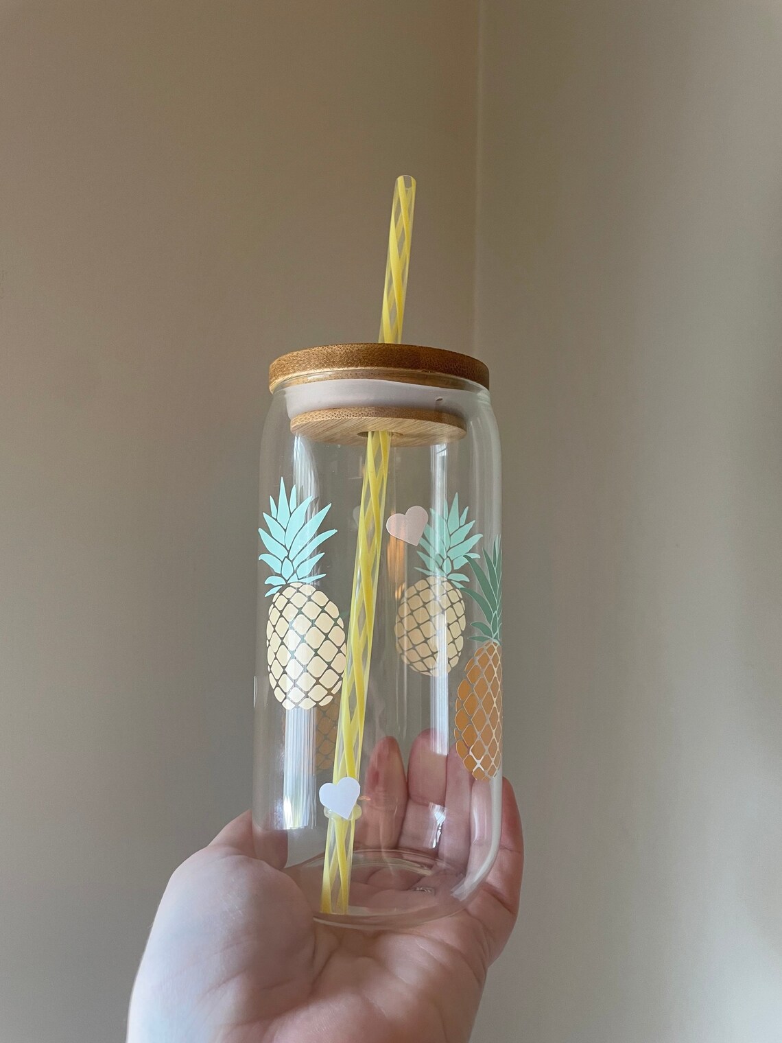 16 Ounce Glass Beer Can With Bamboo Lid and Straw Pastel Etsy