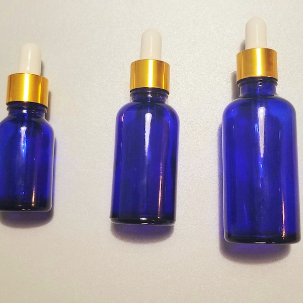 1-150 Pcs BULK Royal Blue Glass Bottle with Gold Dropper, Blue Essential Oil & Tincture Bottles, Cobalt Blue Bottle w/ dropper 15, 30, 50 ML