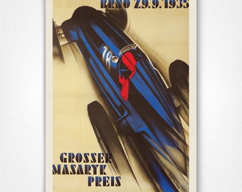 Op de afbeelding: Een vintage poster die reclame maakt voor de "Grosser Masaryk Preis" race in Brno, Tsjechoslowakije op 29 september 1935. De poster toont een blauwe raceauto die over een baan racet met de tekst "BRNO 29.9.1935" bovenaan en "Grosser Masaryk Preis" onderaan.