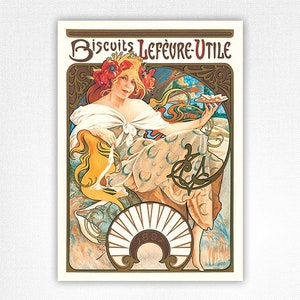 Peut inclure: Une affiche vintage de style Art nouveau faisant la publicité de "Biscuits Lefèvre-Utile" représentant une femme en robe blanche fluide tenant une assiette de biscuits. L'affiche est sur un fond de fleurs et de feuillages stylisés. L'année 1892 est affichée en évidence au bas de l'affiche.