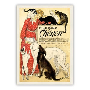 Op de afbeelding: Een vintage poster die reclame maakt voor een dierenkliniek genaamd "Clinique Cheron" in Parijs, Frankrijk. De poster toont een vrouw in een rode jurk, omringd door verschillende dieren, waaronder honden en katten. De tekst op de poster bevat het adres van de kliniek, het telefoonnummer en de aangeboden diensten.