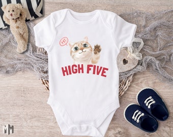 High Five Cat Bodysuit® Gift For Newborn, Custom Baby clothing for Her,Animal Lover Baby Bodysuit for Her, Funny Farm Animal Baby Gift