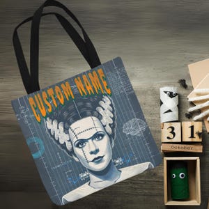 Bride of Frankenstein Halloween Tote Bag – Gothic Horror Bag, Spooky Vintage Style, Eco-Friendly Trick-or-Treat Tote
