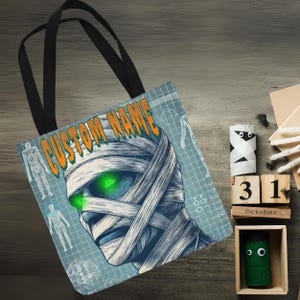 Vintage mummie halloween-draagtas, gepersonaliseerde trick-or-treat-tas voor kinderen, aangepaste naam mummie canvas tas, spooky halloween-tas