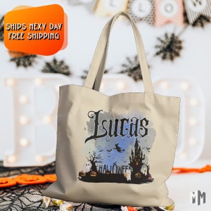 Spooky Teddy Bear Named Tote Bag, Personalized Halloween Bag for Cat Lover, Custom Reusable Fall Bag for Him, Trick or Treat Bag for Her