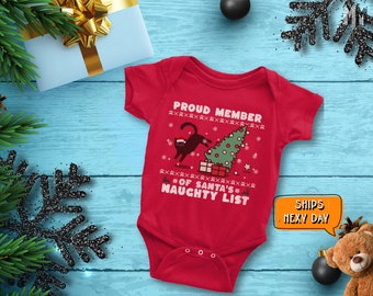 Santa's Naughty List Baby Bodysuit®, Cute Cat Lover Christmas Bodysuit, Funny Xmas Toddler Gift, Naughty List Holiday Outfit For Newborn