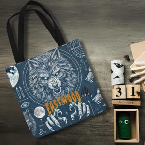 Personalized Named Monster Bag for Kids, Custom Vintage Werewolf Tote Bag, Horror Movie Halloween Canvas Tote Bag