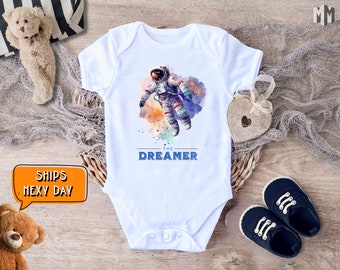 The Space Dreamer Baby Shower Bodysuit, Astronaut Floating in Space Design, Unisex Space-Themed Newborn Outfit