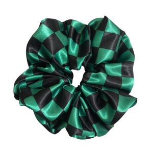 Kimono Scrunchie Green and Black Checkered Satin Scrunchie Inspired by Demon Slayer Tanjiro Anime Inspired Hair Accessory [TANJIRO]