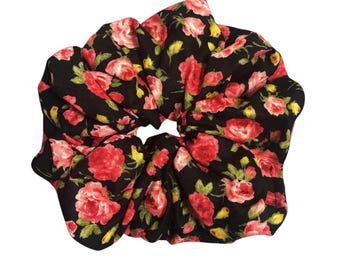 Haargummi mit schwarzer Rose, floralem Muster, extragroß, Haargummi, Haaraccessoire, wunderschönes Blumen-Haargummi, Geschenk für sie 【ROSE ROSE】