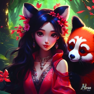 Print or PDF file, wall art print, AI artwork, "The Princess and the Red Panda"