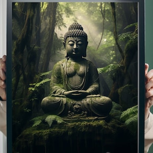 Buddha Statue, tropischer Wald, grüne Bäume, Yoga Poster, Zen Wand Kunst, digitale Kunst Download, spirituelle Kunst, Buddha Wandkunst