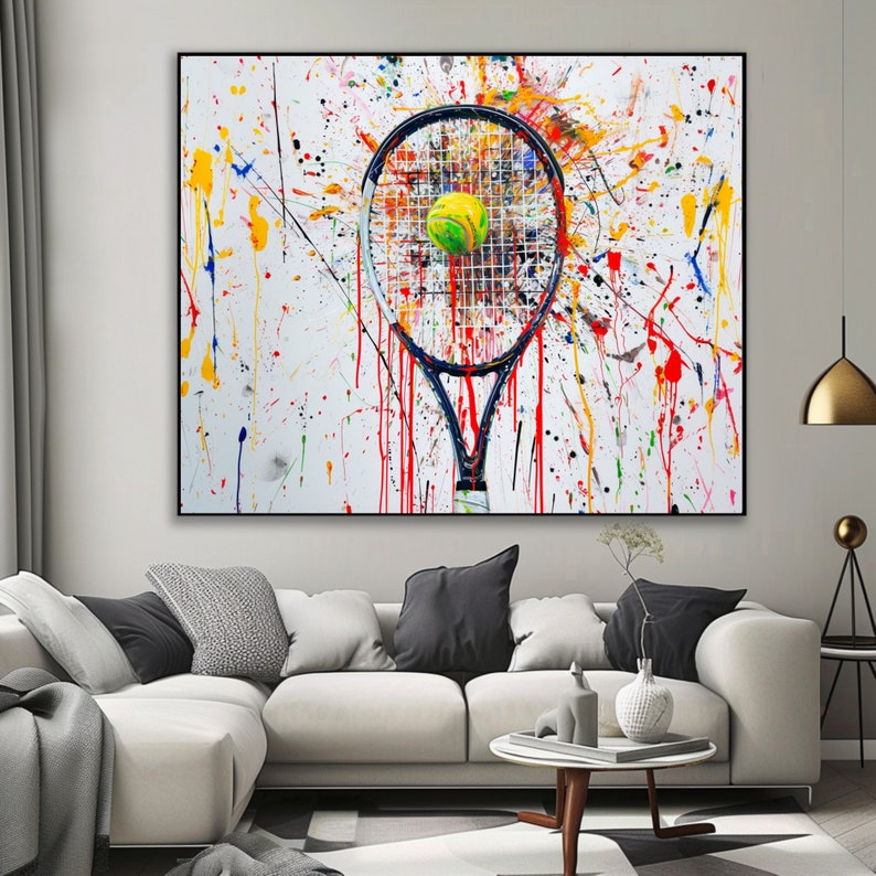 Tennis Racket With Splatter Vector Abstract Tennis Art Print: Colorful Acrylic Paint Splatter (digital ...