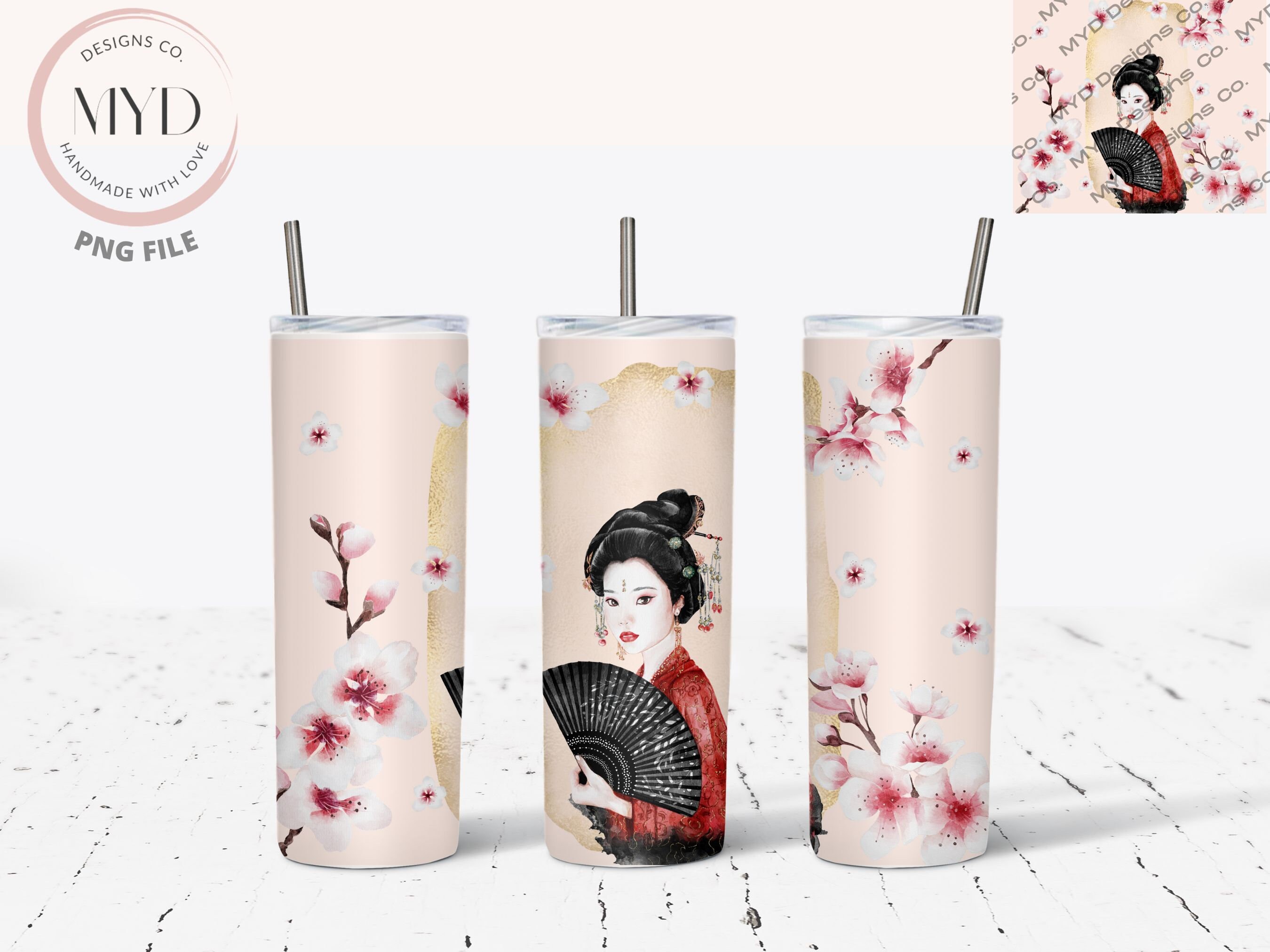 Japanese Woman Art, Cherry Blossom, Beige Sublimation Tumbler Wrap, PNG  File, 20 Oz Skinny Tumbler, Digital Download, Commercial Use