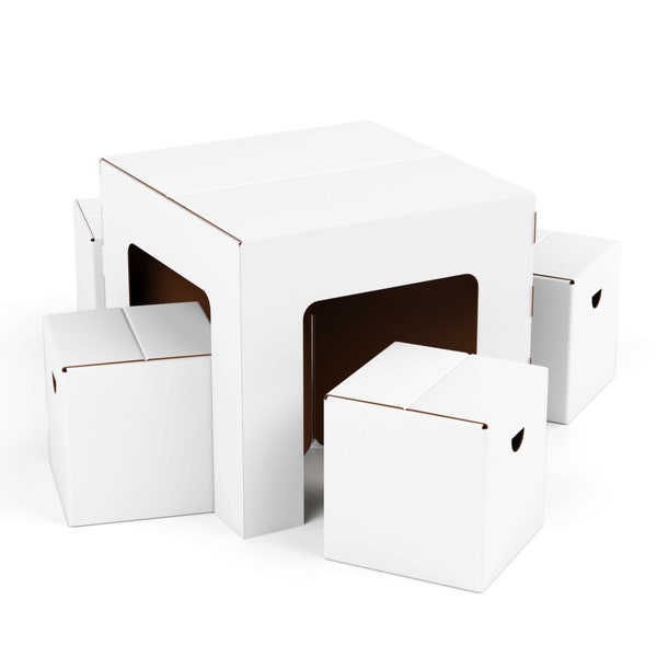 Sitzgruppe aus Pappe  - Weiß zum Bemalen und Bekleben | Pappspielzeug Spielzeug Kinder Junge Mädchen Pappmöbel Hocker Tisch Kinderzimmer