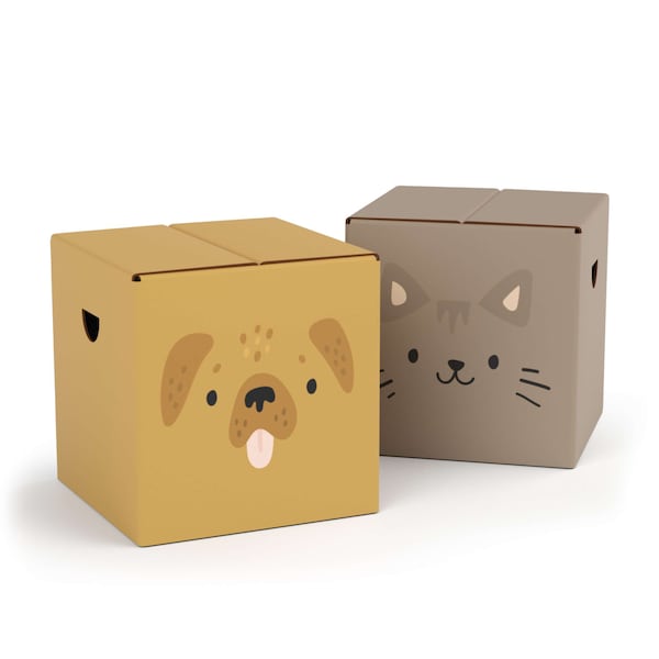 Kartonnen kinderkrukje  - Schattige hond & kat | kindermeubilair karton meubels van karton