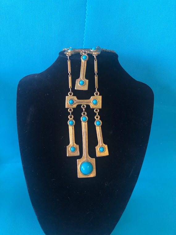 Vintage Egyptian Goldtone and Faux Turquoise Neck… - image 1