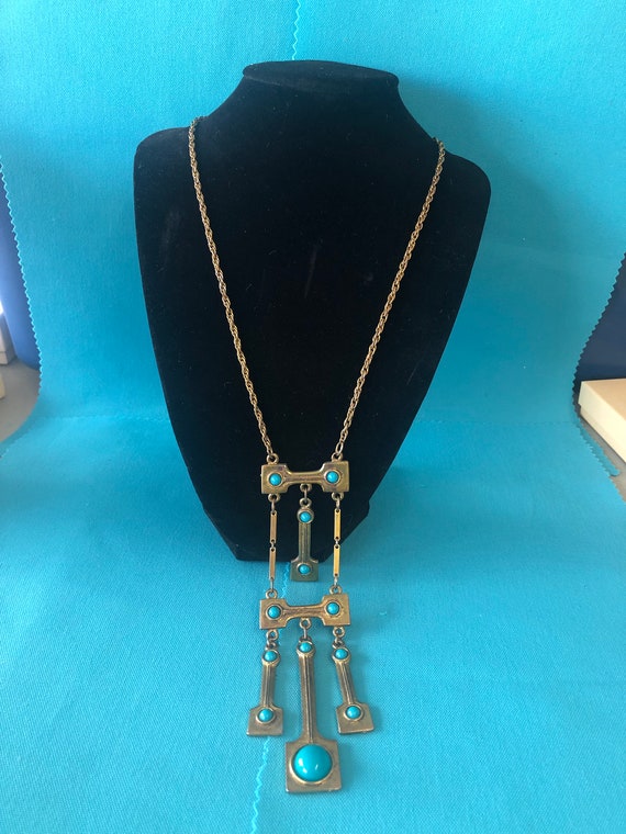 Vintage Egyptian Goldtone and Faux Turquoise Neck… - image 2