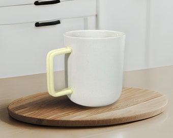 Taza de café de porcelana fina blanca, taza moderna con mango amarillo, taza de arcilla natural hecha a mano, taza de café con filtro elegante, taza de porcelana nórdica