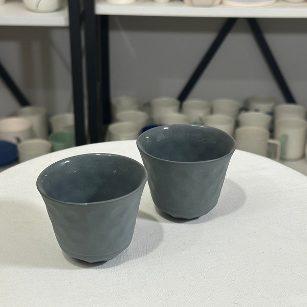 Dark Gray Porcelain Espresso Cup Set of 2, Modern Handmade Small Coffee Mug, Unique No Handle Tea Cup set, Best Gift for Coffee Lovers