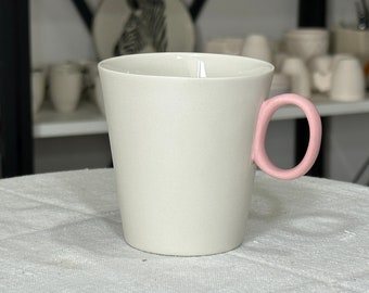 Handmade White Ceramic Coffee Mug, Pink Handle Mug, Minimalist Mug, Handmade White and Pink Mug, Porcelain Modern Mug, Cool Coffee Mug