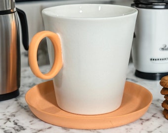 Handmade White Ceramic Mug and Saucer, Unique Latte Cup and Saucer, White and Orange Mug, Porcelain Mug for Coffee or Tea, 7 oz