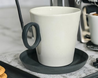 Porcelain Coffee Mug and Saucer Set, Handmade White and Black Tea Cup and Saucer, Unique Latte Mug with Saucer, Hand Crafted  Mug Gift İdea