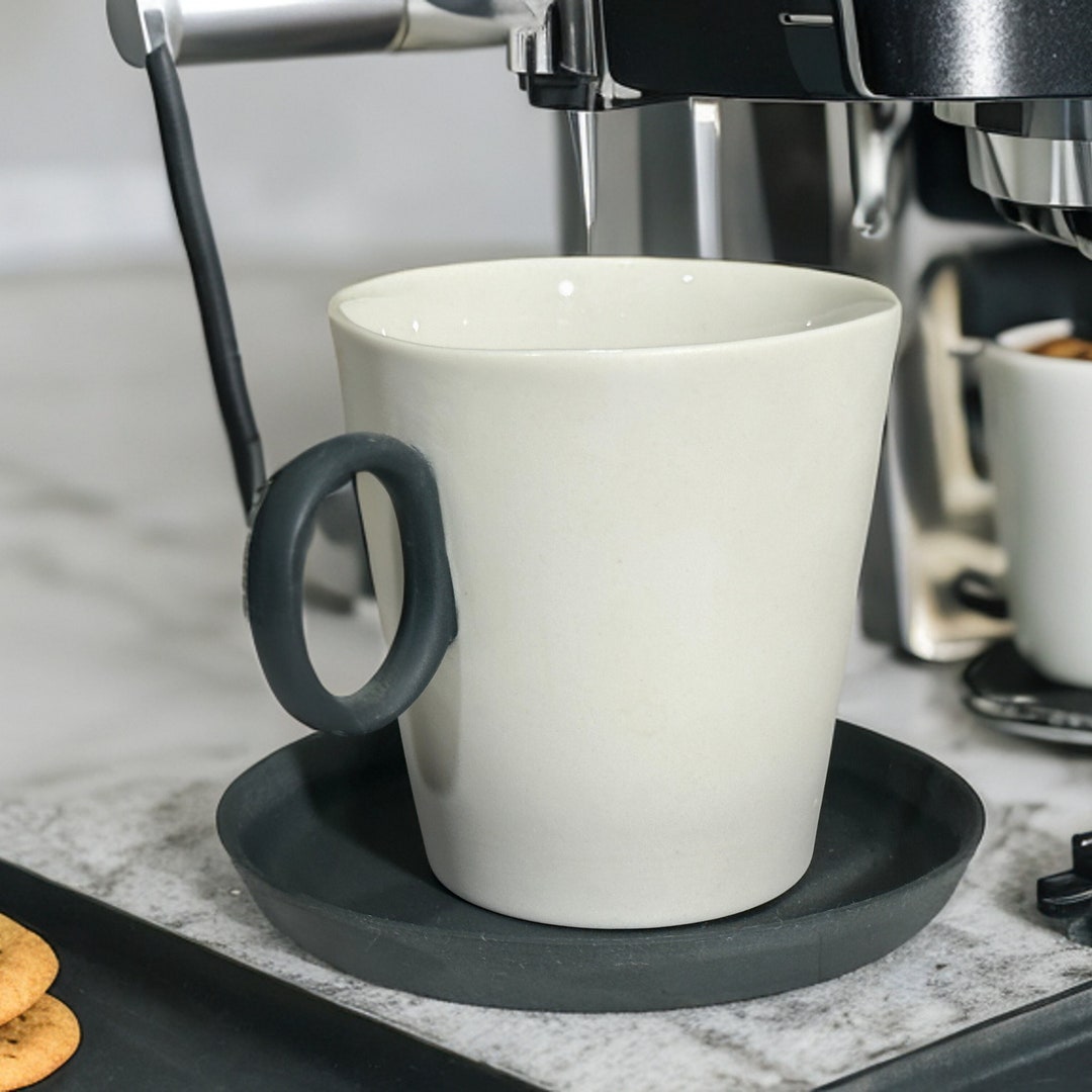 Porcelain Coffee Mug and Saucer Set, Handmade White and Black Tea Cup