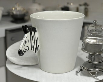 Unique Handmade Porcelain Zebra Design 7oz Cup - Black and White Animal Mug, Hand Painted Tea, Coffee, Latte, Americano, Creative Gift Idea