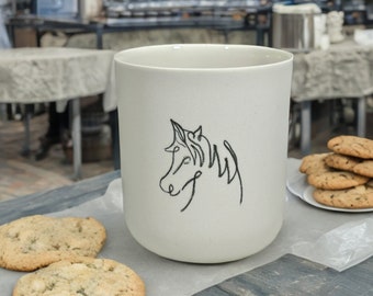 Minimalist Horse Line Art Mug, Artisan Mug, Hand Drawn Mug, Hand Painted Mug, Handmade Porcelain White Cup, Whiskey/Wine/Coffee/Ceramic Cup