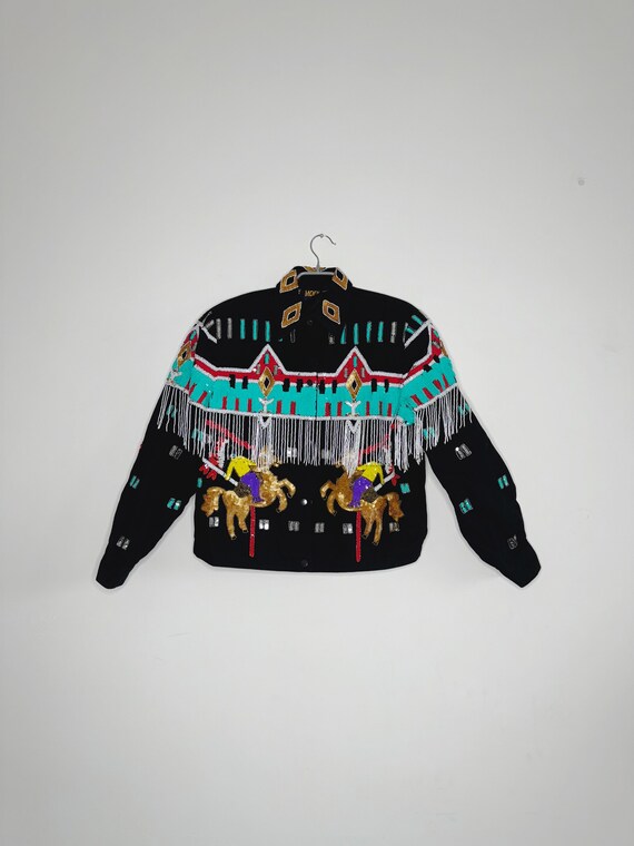 1980s Sequin Bomber Jacket Kowboy Rodeo, Horses b… - image 2